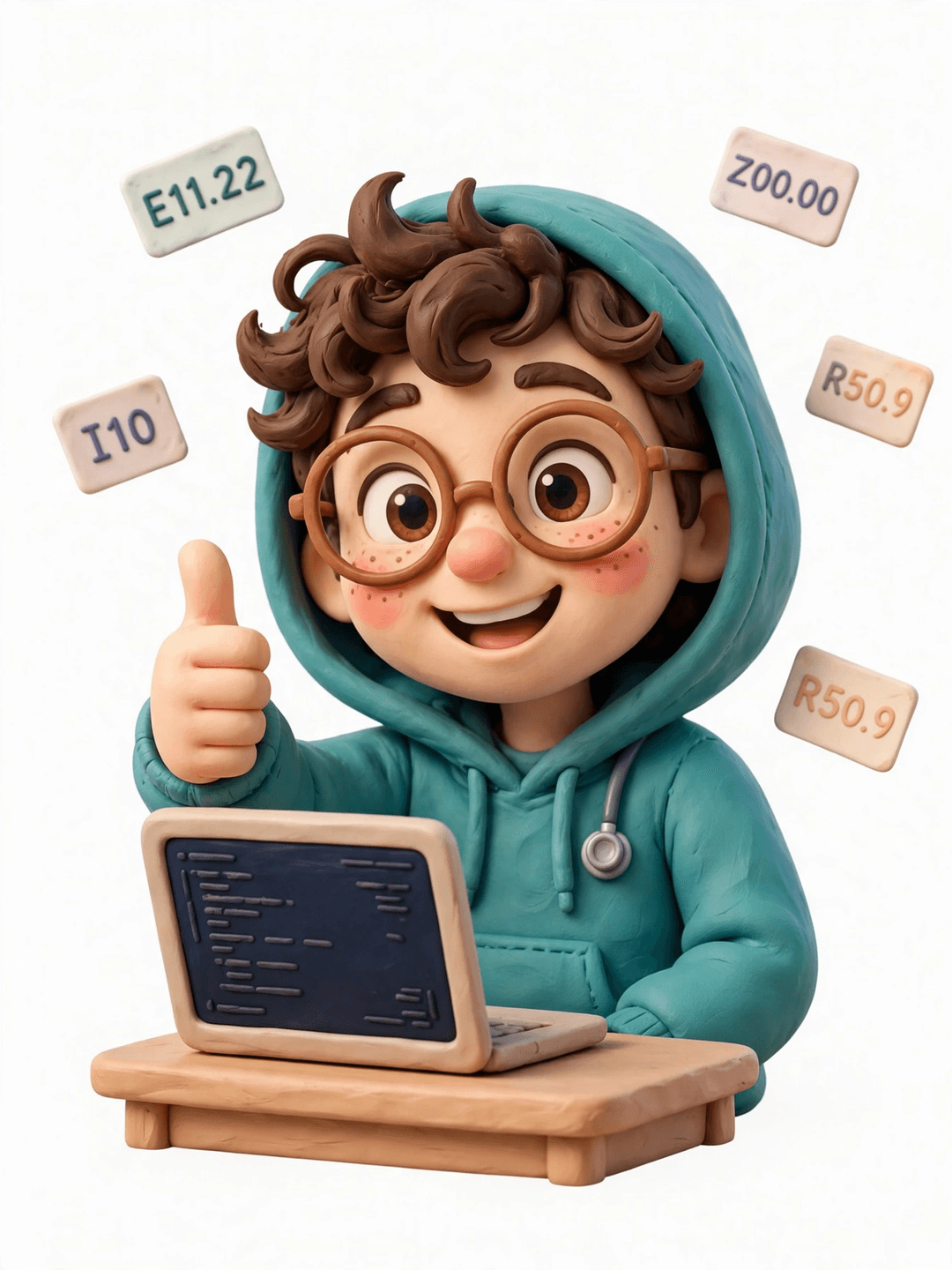 3D character of a happy coder with floating code cards