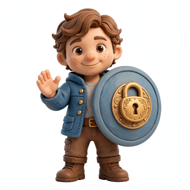 3D character holding a protective shield